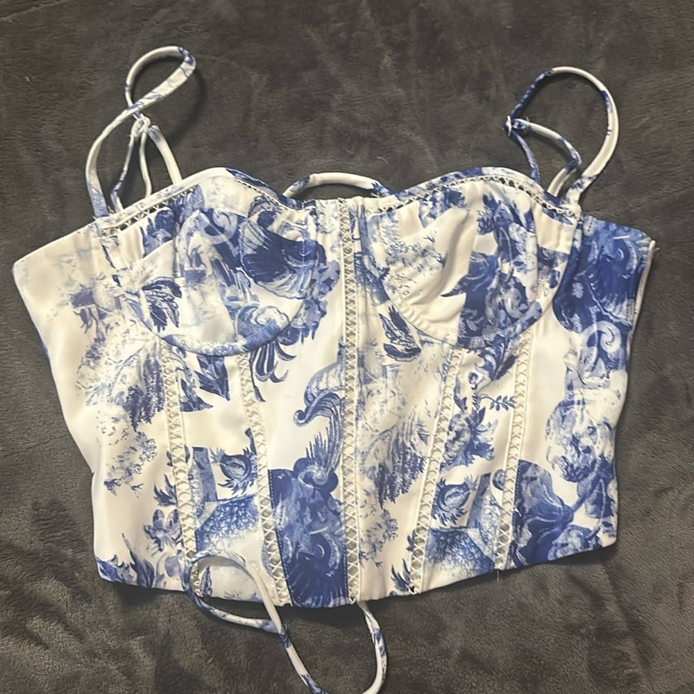 Blue and White Floral Corset Top